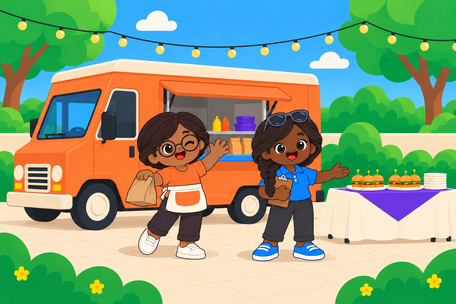 Maya and Nia welcome guests to a catered food truck gathering