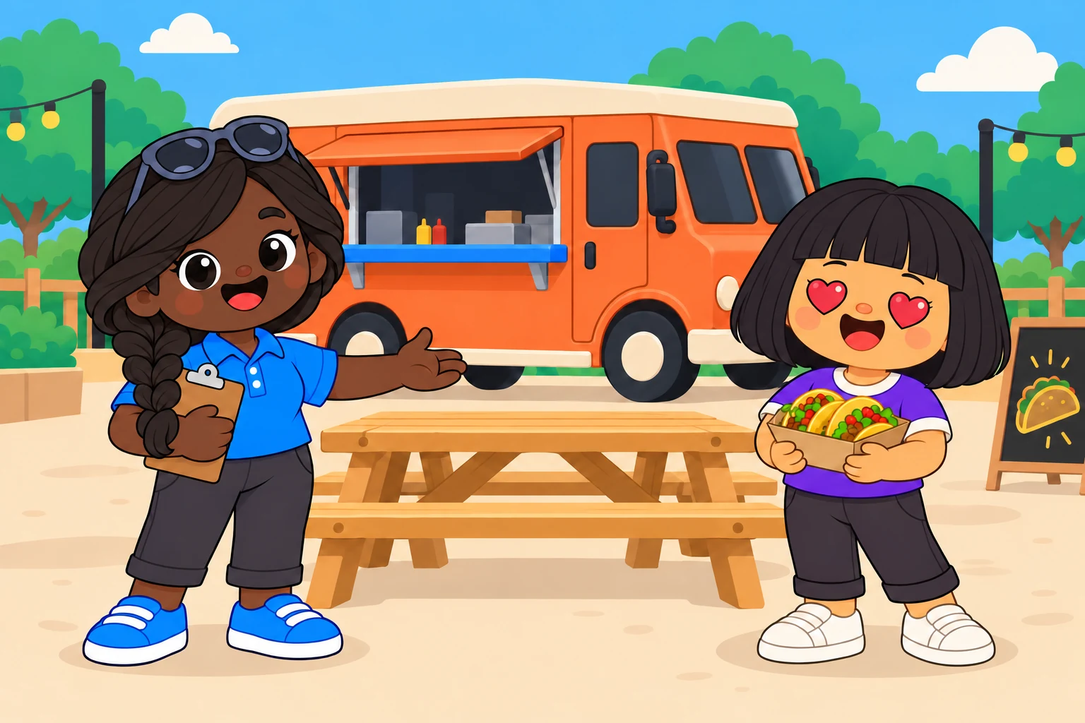 Nia and Riley beside an orange food truck and wooden picnic table at a neighborhood park