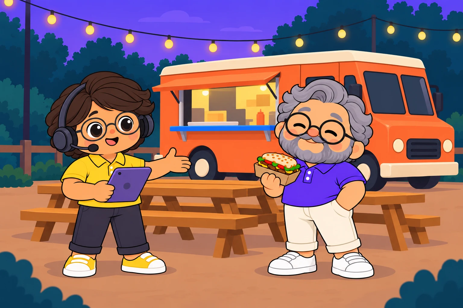 Casey and Gus enjoy a food-truck night beside the orange stepvan